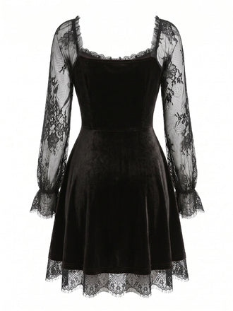 Schwarzes 50er Gothic Minikleid mit Samt und Spitze