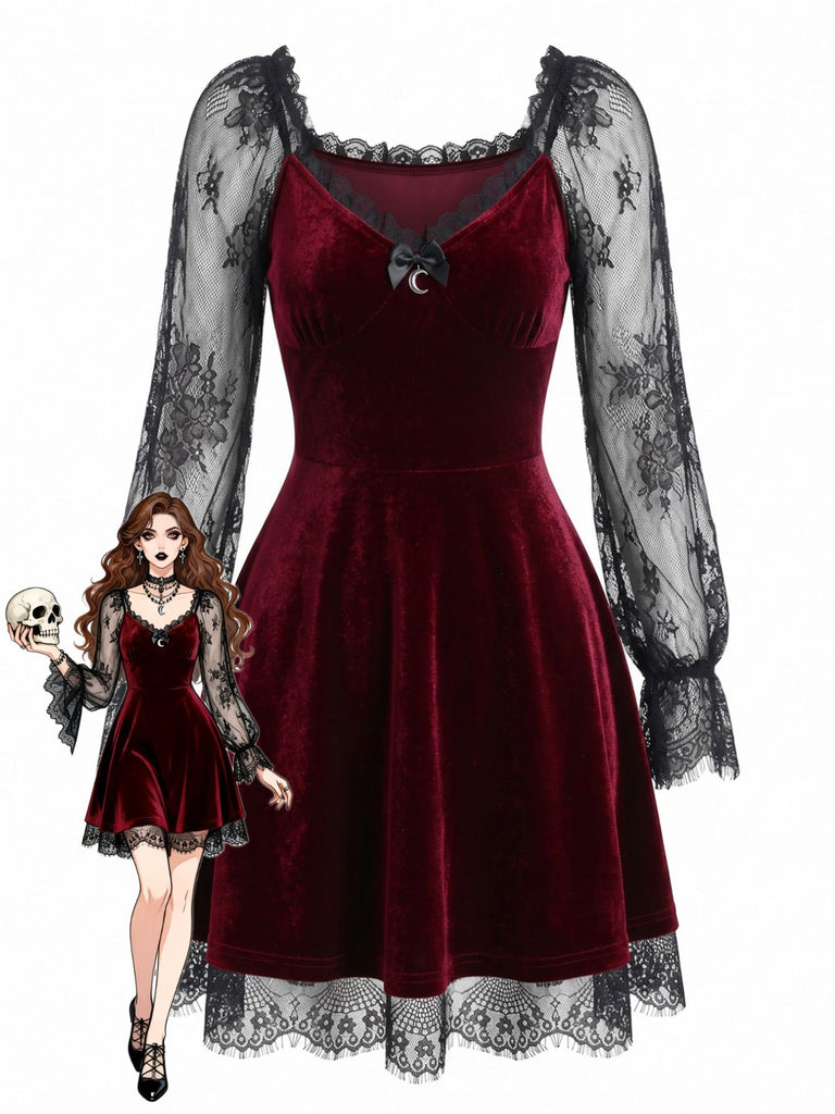 Schwarzes 50er Gothic Minikleid mit Samt und Spitze