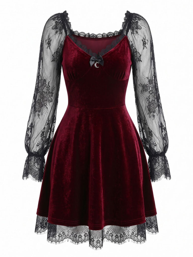 Schwarzes 50er Gothic Minikleid mit Samt und Spitze