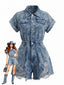 70er Jeans-Romper mit Reverskragen und ausgefranstem Saum