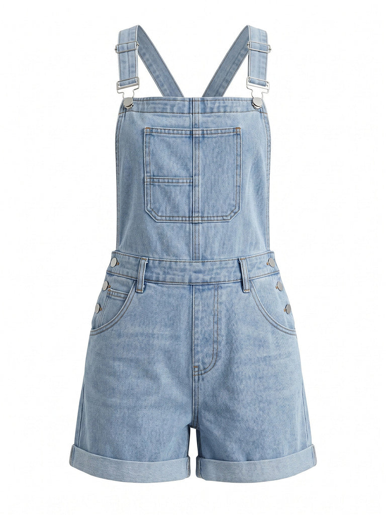 Hellblauer 50er Jeans-Romper mit Tasche und Rollen