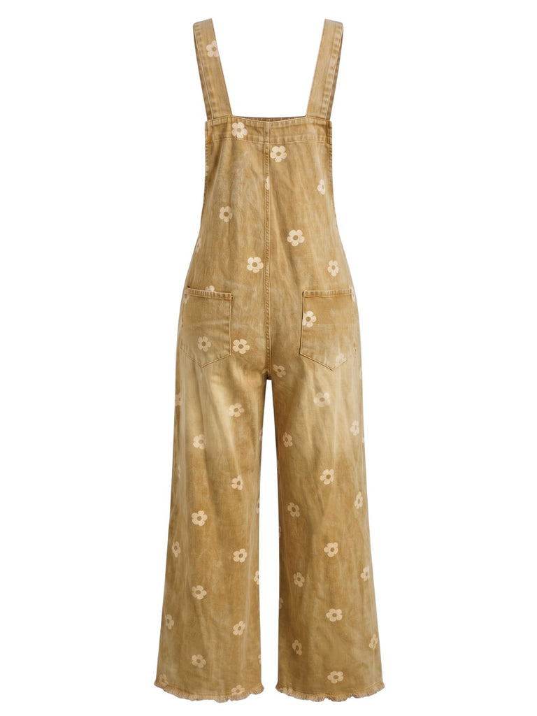 Blauer 40er Jeans-Latzoverall mit Blumenprint und weitem Bein
