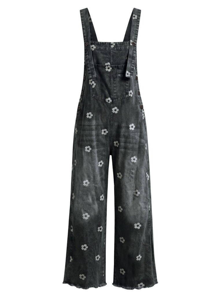 Blauer 40er Jeans-Latzoverall mit Blumenprint und weitem Bein