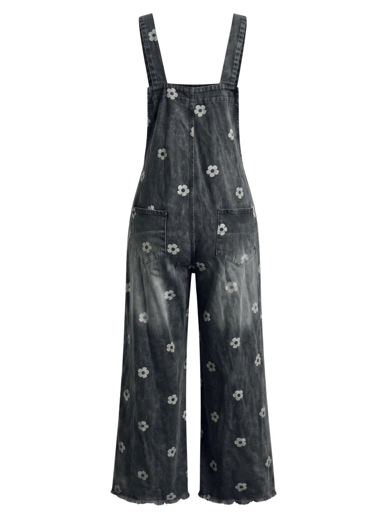 Blauer 40er Jeans-Latzoverall mit Blumenprint und weitem Bein