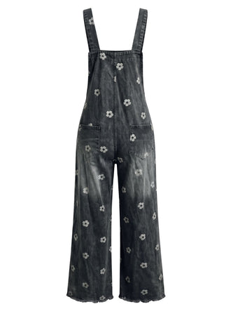 Schwarzer 40er Jeans-Latzoverall mit Blumenprint und weitem Bein