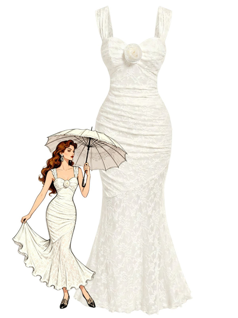 Elfenbeines 30er Kleid mit Blumen und Spitze
