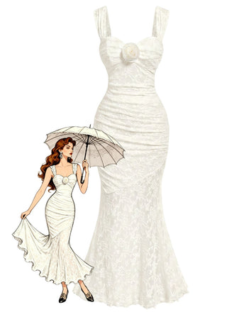 Elfenbeines 30er Kleid mit Blumen und Spitze