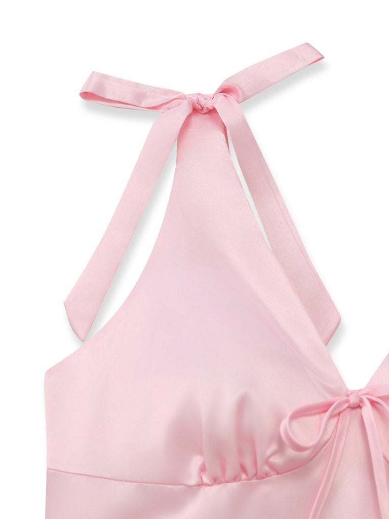 Rosa 40er Kleid mit V-Ausschnitt und Blumen