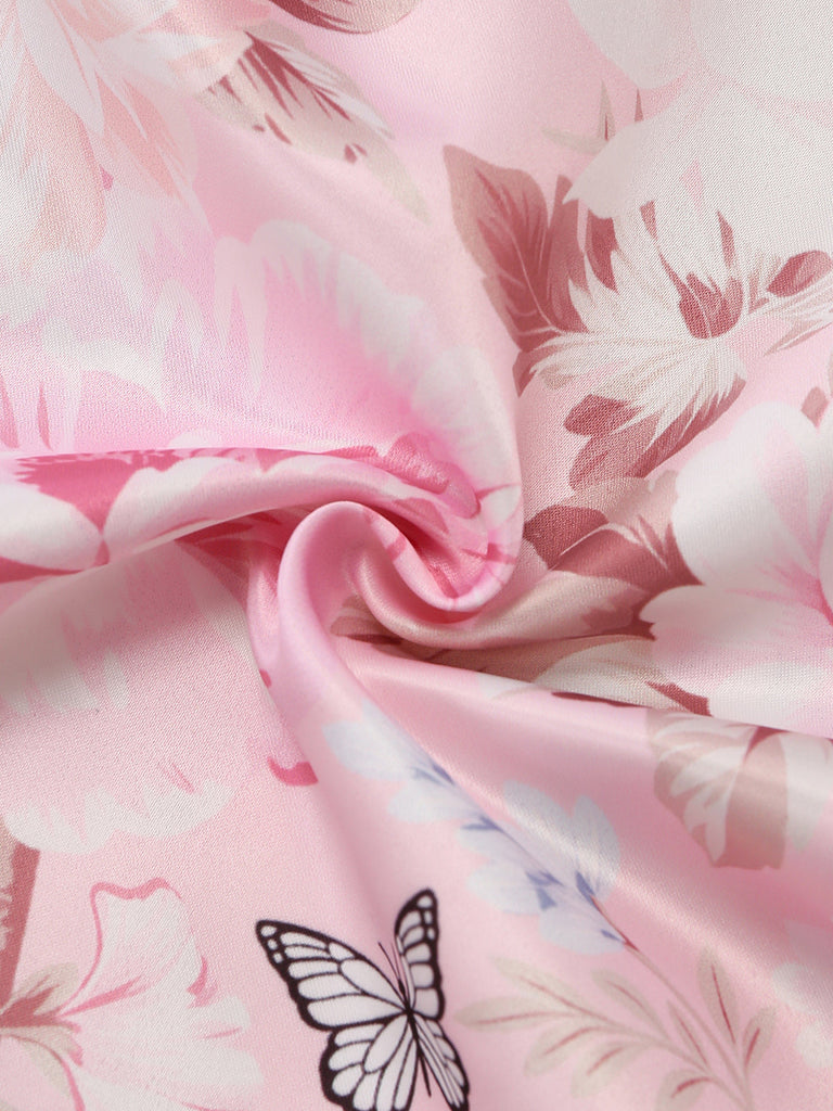 Rosa 40er Kleid mit V-Ausschnitt und Blumen