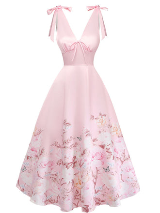 Rosa 40er Kleid mit V-Ausschnitt und Blumen