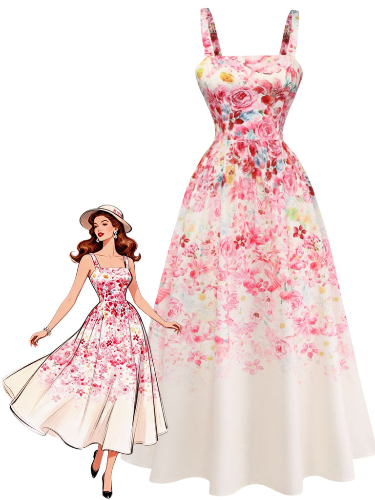 Rosa 40er Ärmelloses Midikleid mit Blumen