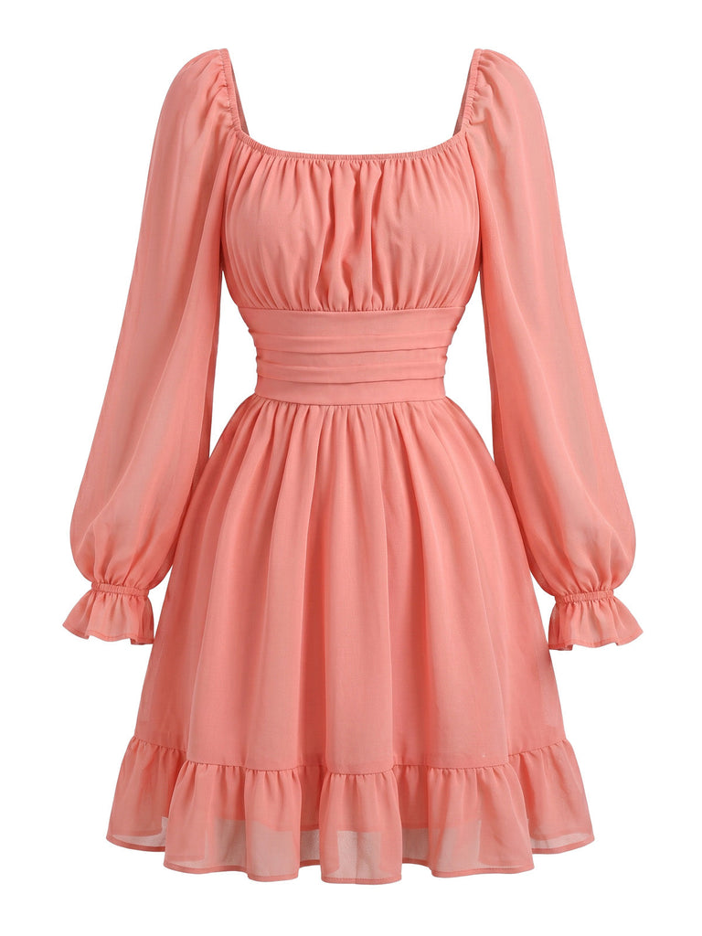 50er Chiffon-Smockkleid mit Eckiger Ausschnitt und Langarm