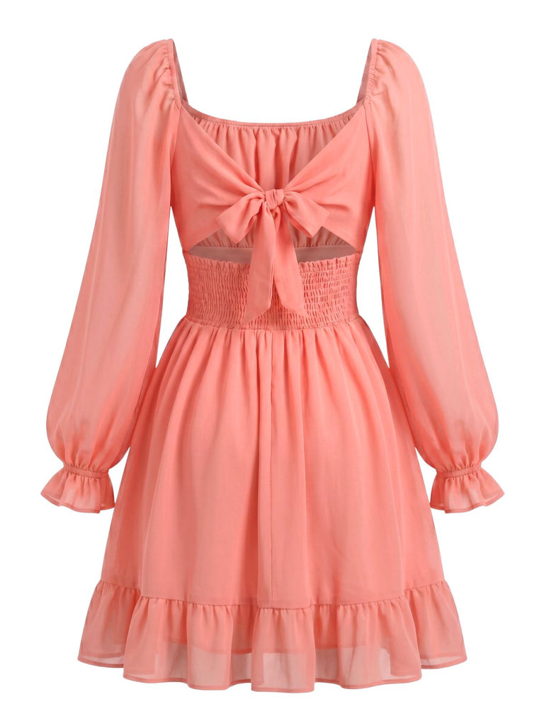 50er Chiffon-Smockkleid mit Eckiger Ausschnitt und Langarm