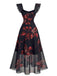 Schwarzes 40er Netzkleid mit roten Lilien und Rüschen