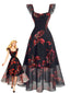 Schwarzes 40er Meshkleid mit rotem Lilienprint und Rüschenärmeln