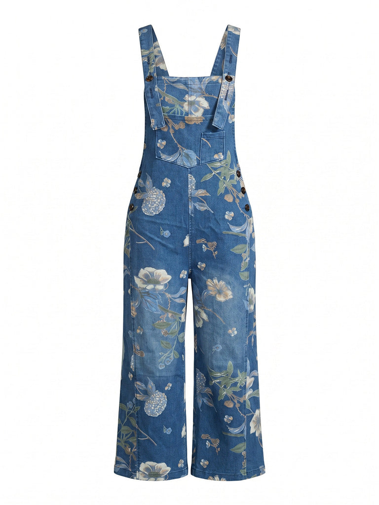 Blau 50er Jeans- mit Blumen-Print und Taschen