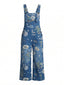 Dunkelblauer 50er Jeans-Latzoverall mit Blumenprint und Taschen
