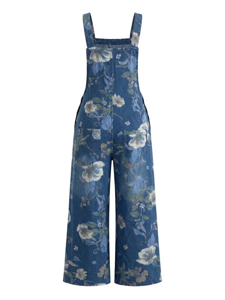Blau 50er Jeans- mit Blumen-Print und Taschen