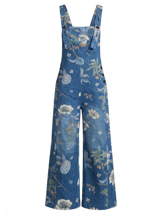 Dunkelblauer 50er Jeans-Latzoverall mit Blumenprint und Taschen