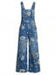 Dunkelblauer 50er Jeans-Latzoverall mit Blumenprint und Taschen