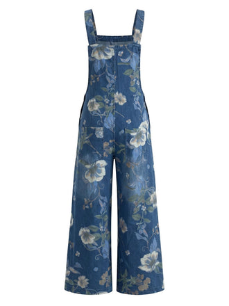 Dunkelblauer 50er Jeans-Latzoverall mit Blumenprint und Taschen