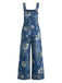 Dunkelblauer 50er Jeans-Latzoverall mit Blumenprint und Taschen