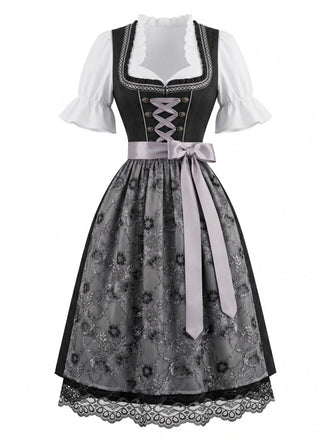 Schwarzes 50er Kleid mit Eckiger Ausschnitt und Spitze