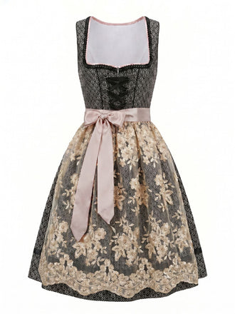 Schwarzes 50er Oktoberfest-Dirndl-Set mit Spitzentop und Blumenschürze
