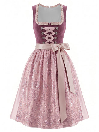 Rosa 50er Oktoberfest-Dirndl-Set mit Blumenkleid und Paillettenschürze