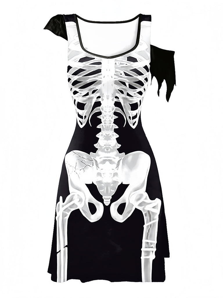 40er Halloween A-Linien-Kleid mit Skelett-Print