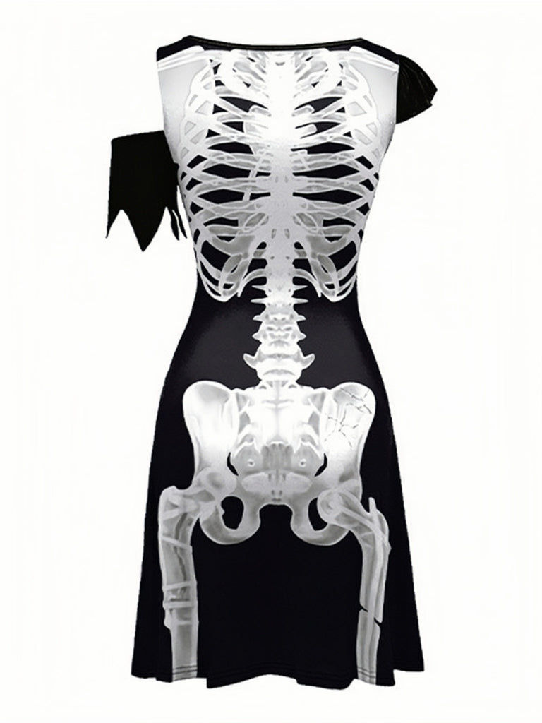 40er Halloween A-Linien-Kleid mit Skelett-Print
