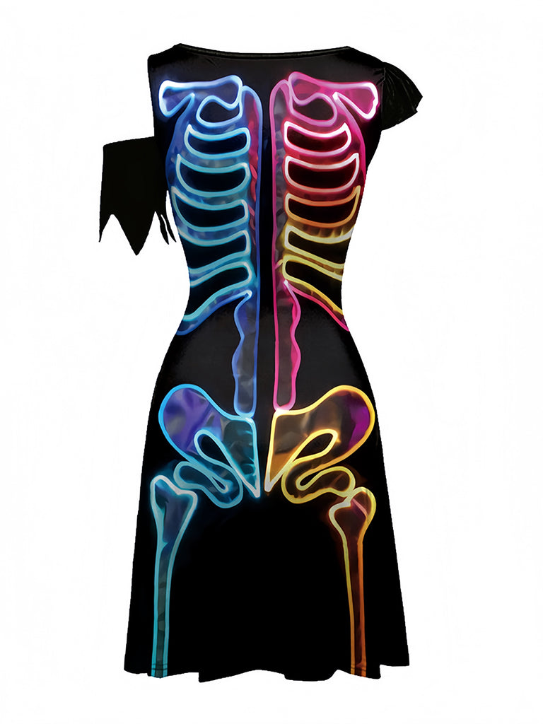 40er Halloween A-Linien-Kleid mit Skelett-Print