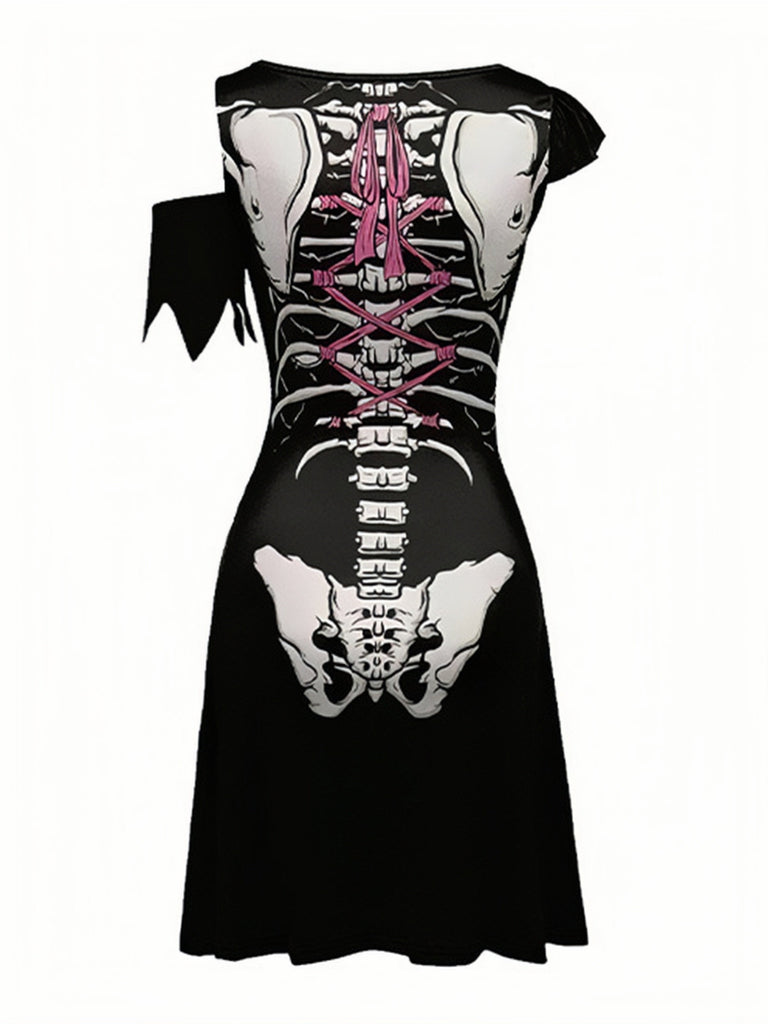 40er Halloween A-Linien-Kleid mit Skelett-Print