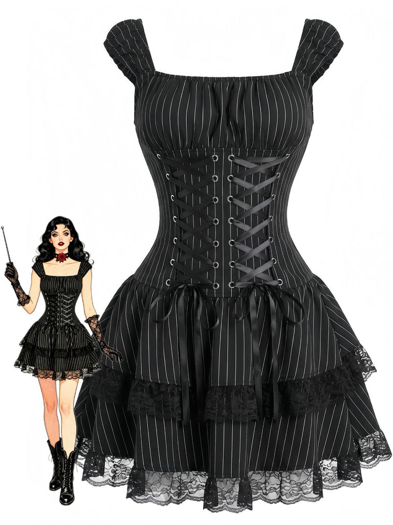Schwarzes 70er Korsettkleid mit Nadelstreifen und Schnürung