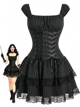 Schwarzes 70er Korsettkleid mit Nadelstreifen und Schnürung