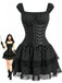 Schwarzes 70er Korsettkleid mit Nadelstreifen und Schnürung