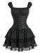 Schwarzes 70er Korsettkleid mit Nadelstreifen und Spitze