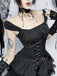 Schwarzes 70er Korsettkleid mit Nadelstreifen und Spitze