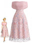 Rosa 40er Meshkleid mit Carmen-Ausschnitt und Blumenstickerei