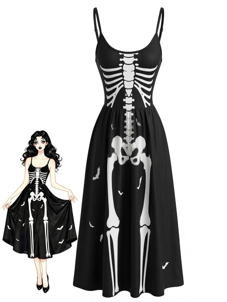 Schwarzes 30er Halloween Cami-Kleid mit Skelett