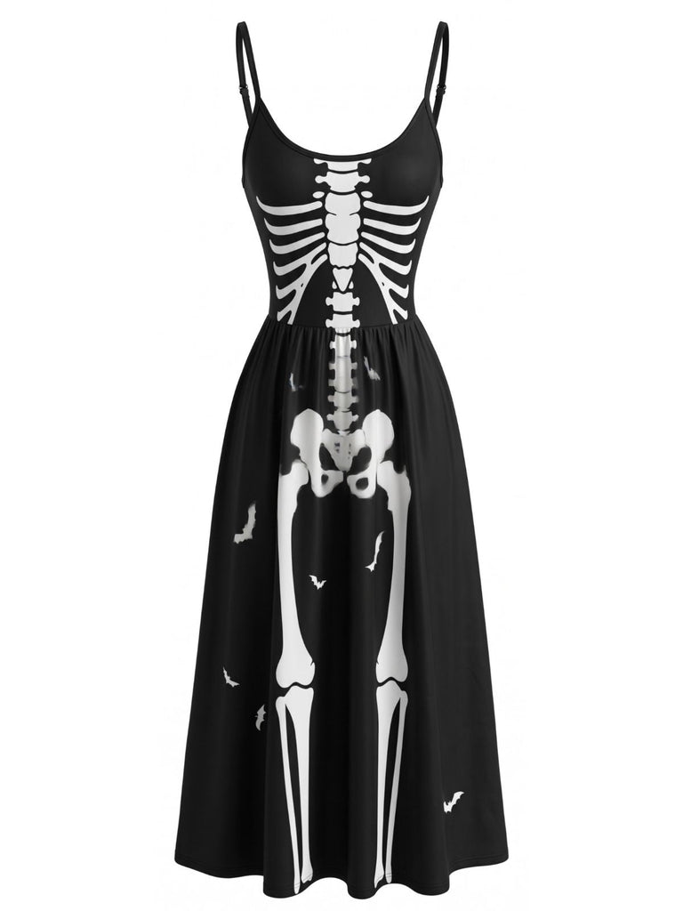 Schwarzes 30er Halloween Cami-Kleid mit Skelett