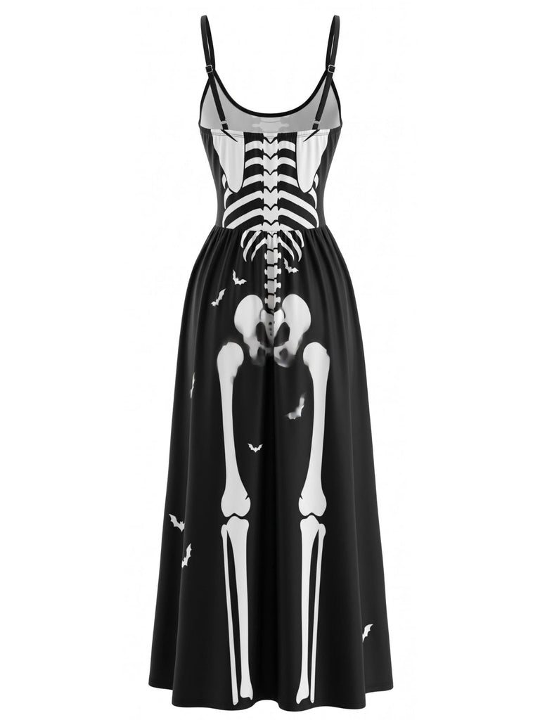 Schwarzes 30er Halloween Cami-Kleid mit Skelett