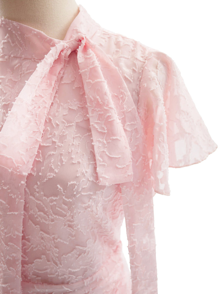 Rosa 30er Jacquard-Kleid mit Stehkragen und Spitze