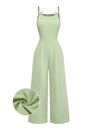 Grüner 50er Jacquard-Jumpsuit mit Spaghettiträger und Schleife