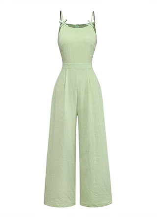 Grüner 50er Jacquard-Jumpsuit mit Spaghettiträger und Schleife