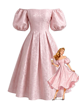 Rosa 50er schulterfreies Jacquard-Kleid mit Puffärmel und Print