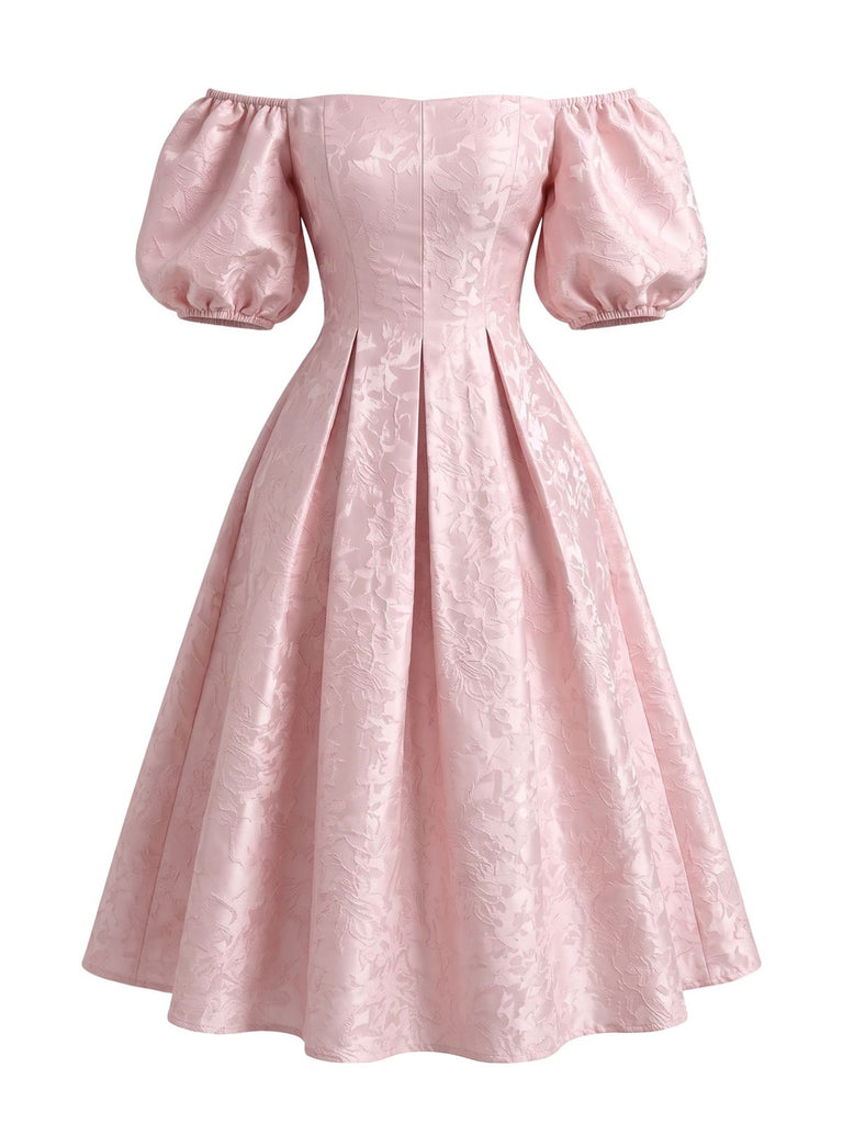 Rosa 50er schulterfreies Jacquard-Kleid mit Puffärmel und Print