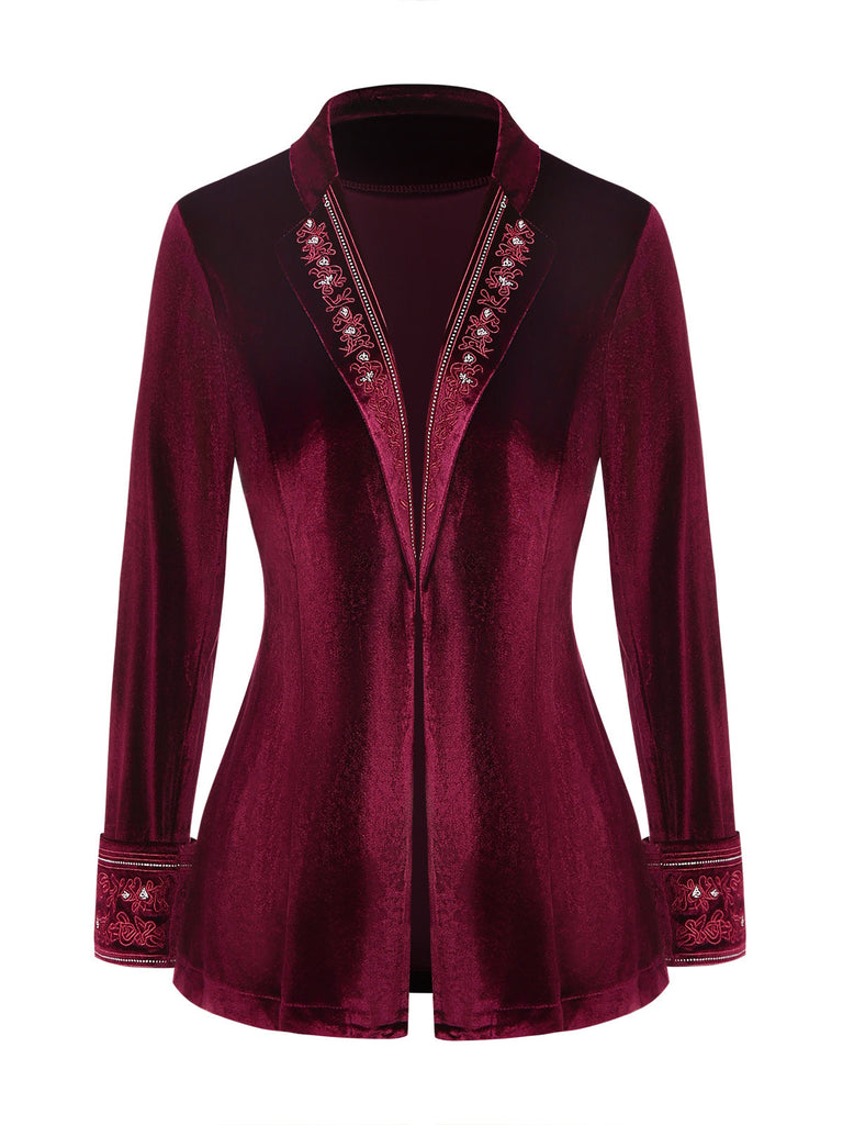 50er Samtjacke mit floral besticktem Revers und langen Ärmeln
