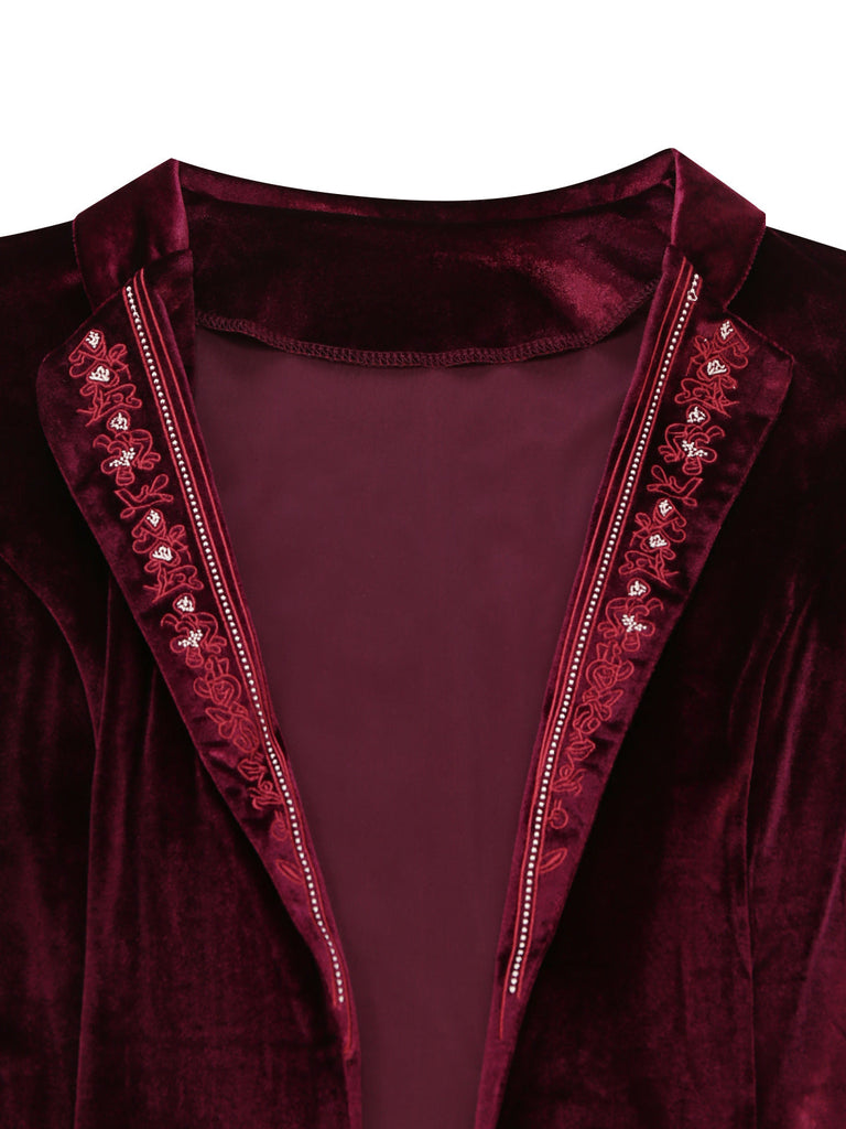 50er Samtjacke mit floral besticktem Revers und langen Ärmeln