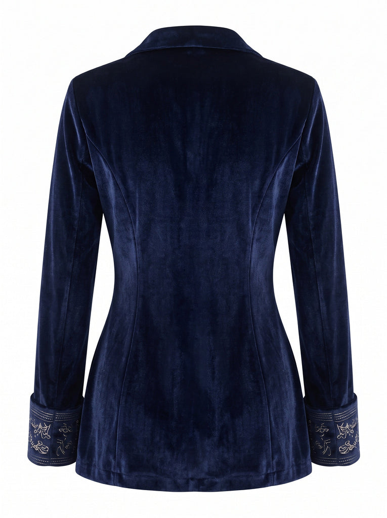 50er Samtjacke mit floral besticktem Revers und langen Ärmeln